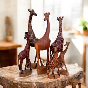 Six Vintage Kenyan Hand Carved Wood Giraffe Figurine